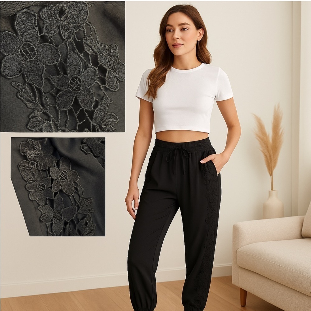 Elie Tahari Black Lace Detail Jogger Pants Women’s Size Medium